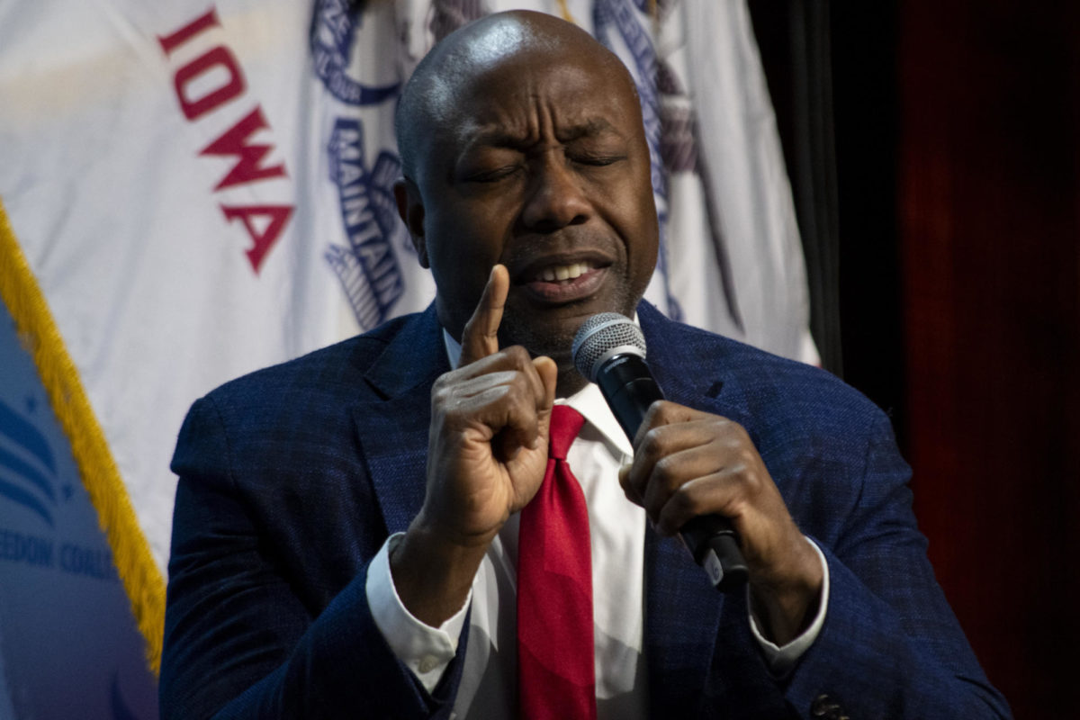 Republican presidential candidate Sen. Tim Scott, R-S.C., speaks during the Iowa Faith and Freedom Coalition 23rd Annual Fall Banquet Presidential Town Hall on Sept. 16, 2023, at the Iowa Events Center in Des Moines, Iowa.