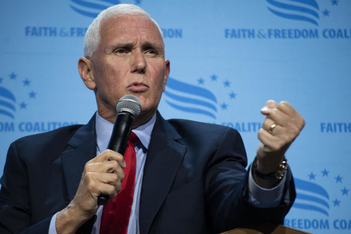 Republican presidential candidate former Vice President Mike Pence speaks during the Iowa Faith and Freedom Coalition 23rd Annual Fall Banquet Presidential Town Hall on Saturday, Sept. 16, 2023, at the Iowa Events Center in Des Moines, Iowa.