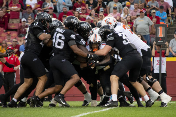 Oklahoma State attempts to run the ball during the second half of the football game against Iowa State on Saturday, Sept. 23, 2023, at Jack Trice Stadium in Ames.