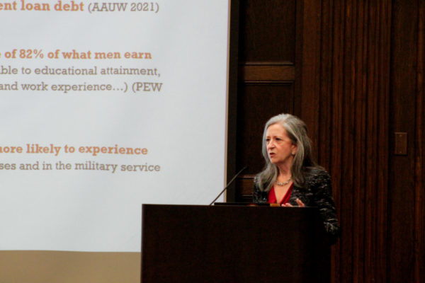 Bonnie Stabile discusses the politics and policy of underrepresentation at a lecture Tuesday night. 