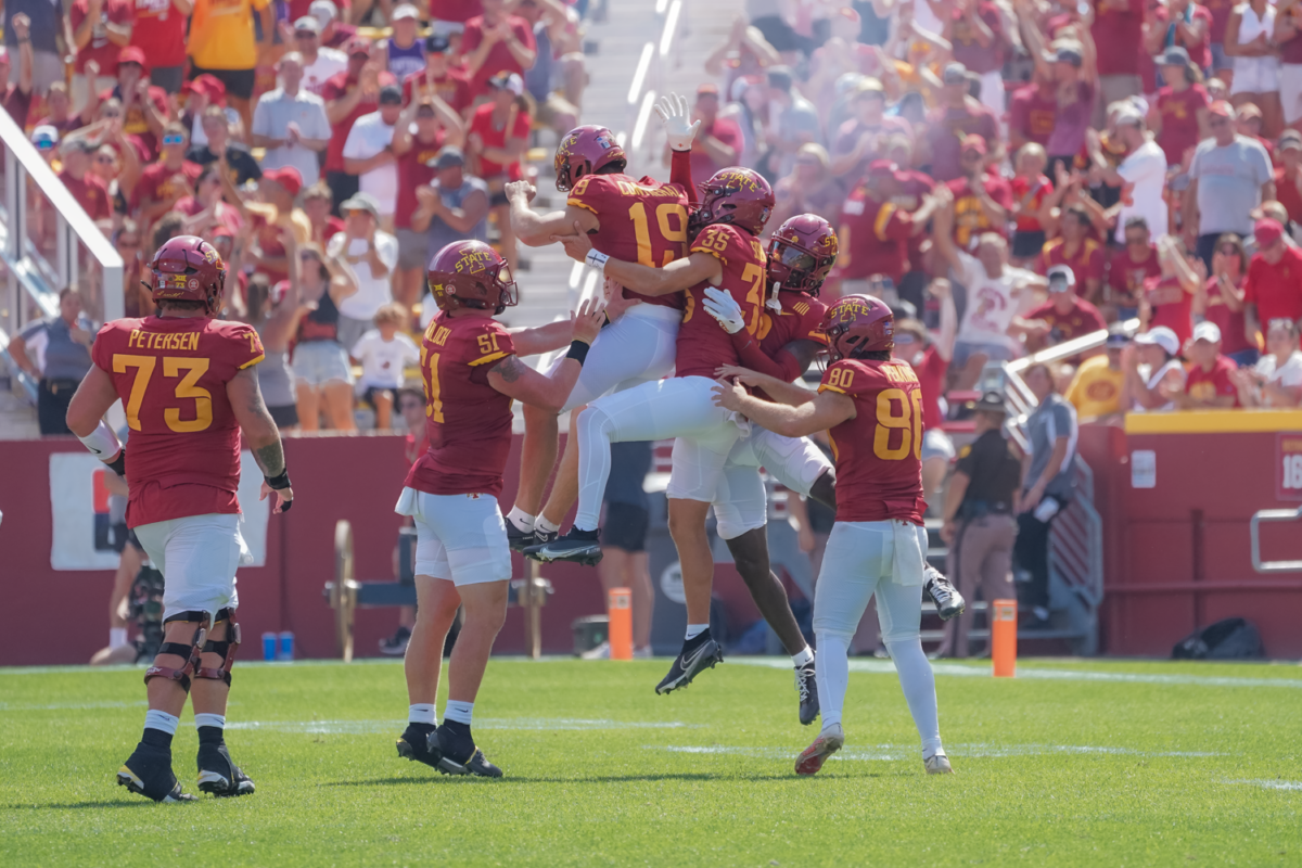 Chase Contreras nails a 56 yard field goal as time expires in the first half against UNI at Jack Trice Stadium on Sept. 2, 2023.