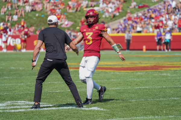 Rocco Becht is fired up after throwing a touchdown to Benjamin Brahmer in a 30-9 victory against UNI at Jack Trice Stadium on Sep. 2, 2023.