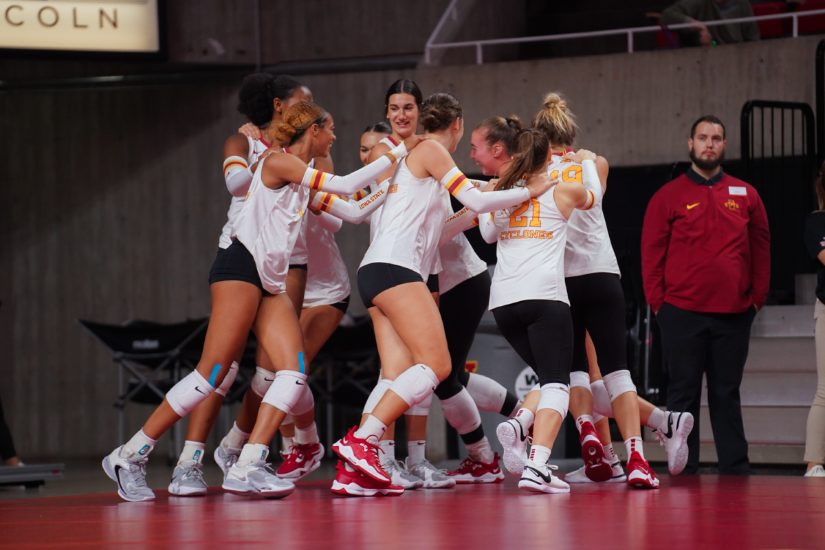 The Cyclone bench has some fun during an intermission in play against Ohio at Hilton Coliseum on Sept. 15, 2023.