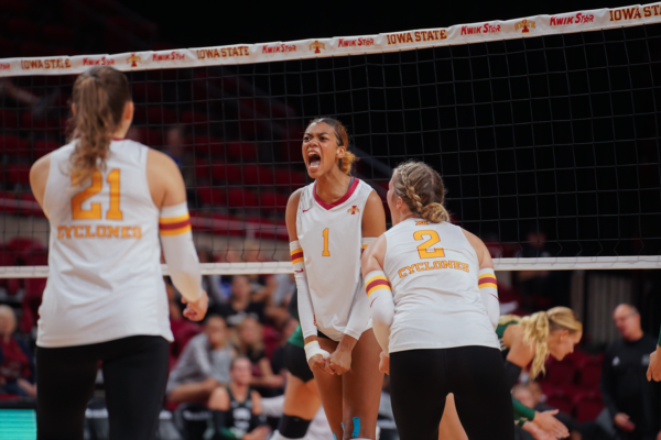 Pam McCune is pumped up after scoring for Iowa State against Ohio at Hilton Coliseum on Sept. 15, 2023.