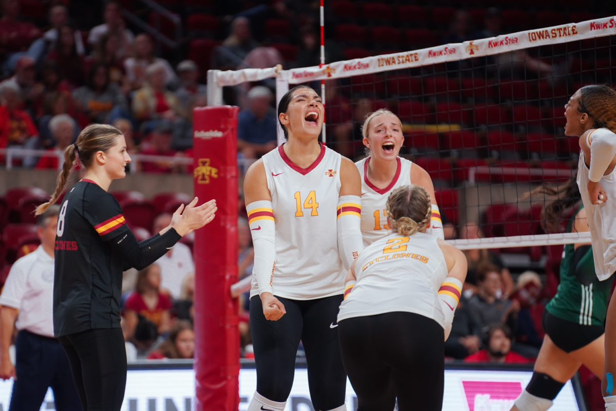 Nayeli Gonzalez joins her team to celebrate a point against Ohio at Hilton Coliseum on Sept. 15, 2023.