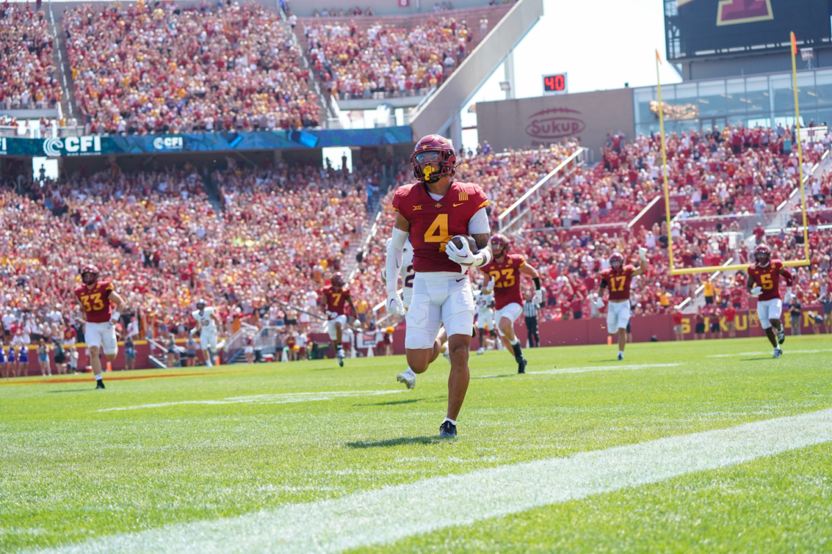 Jeremiah Cooper opens the game with a pick-6 against UNI at Jack Trice Stadium on Sep. 2, 2023.