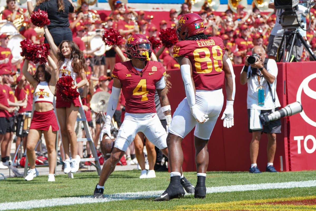 Jeremiah+Cooper+celebrates+a+pick-6+to+get+the+Cyclones+on+the+board+against+UNI+at+Jack+Trice+Stadium+on+Sep.+2%2C+2023.