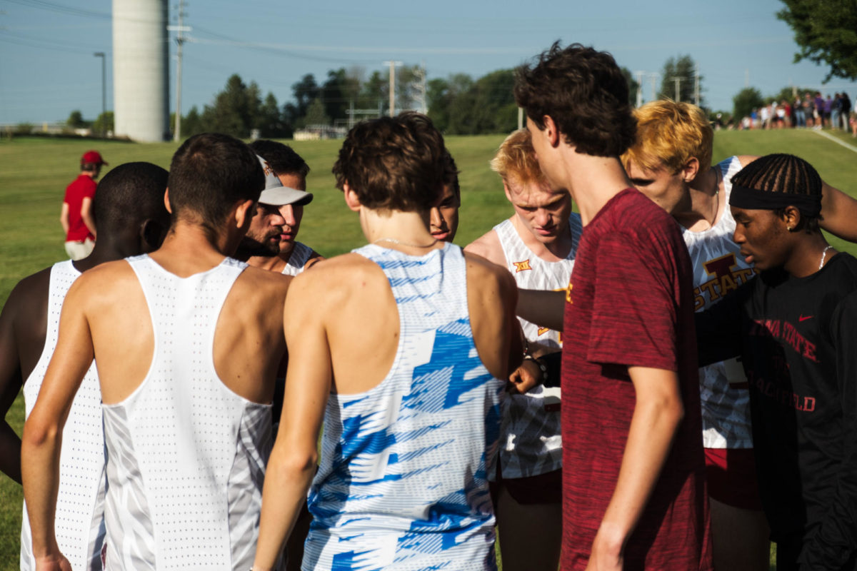 Iowa State mens cross country team huddled up before the Cyclone Preview on Sept. 1, 2023.