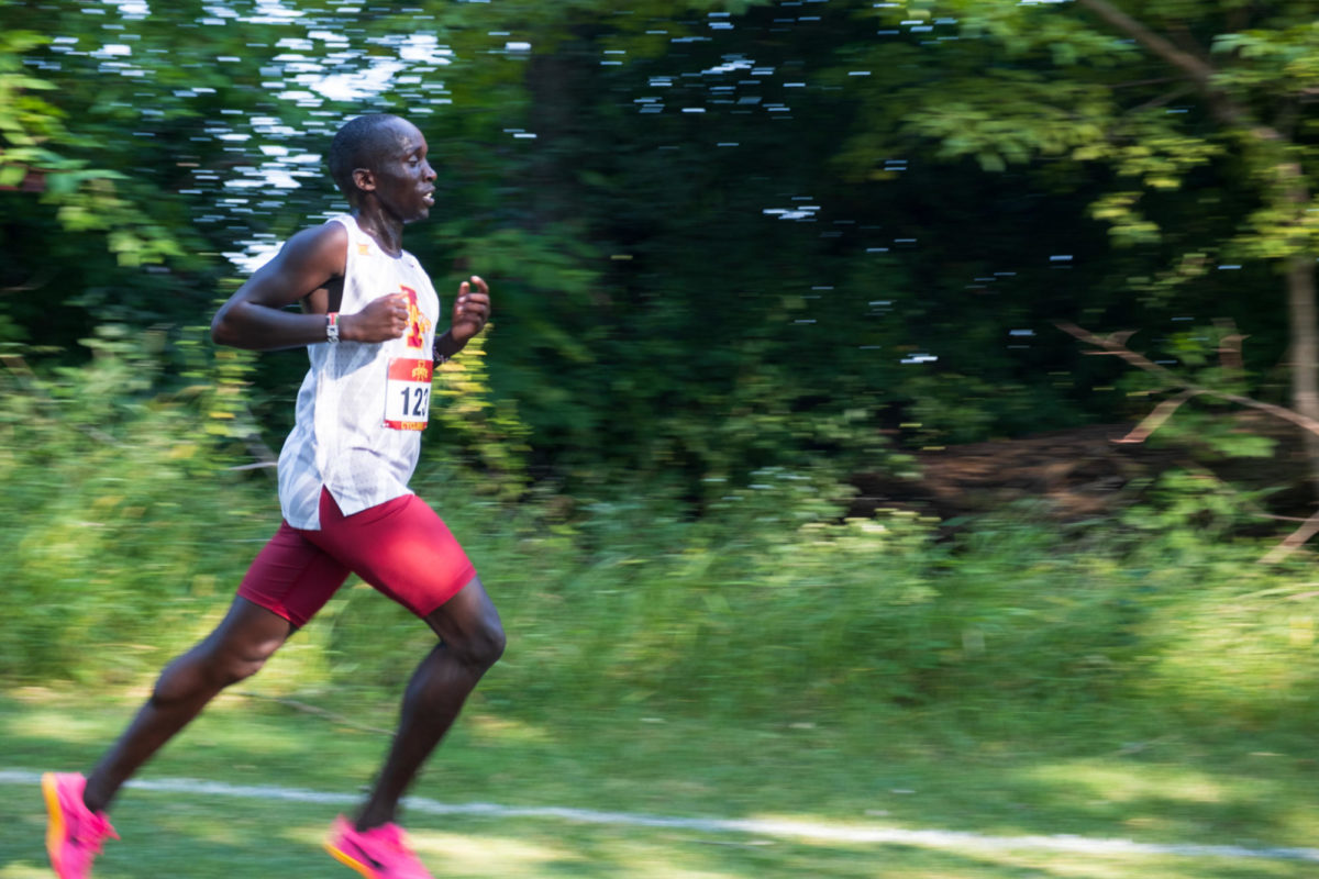 Kelvin Bungei pushing past the two-mile mark at the Cyclone Preview at the Iowa State University Cross Country Course in Ames, Iowa, Sept. 1, 2023.