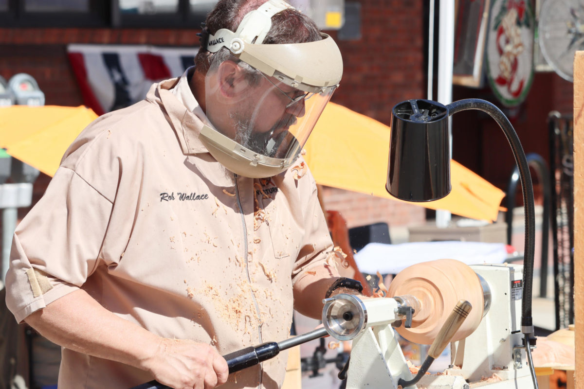 To showcase his art, Rob Wallace of Ames, performed a woodturning demonstration at the Octagon Art Festival on Sunday, Sept. 24, 2023.