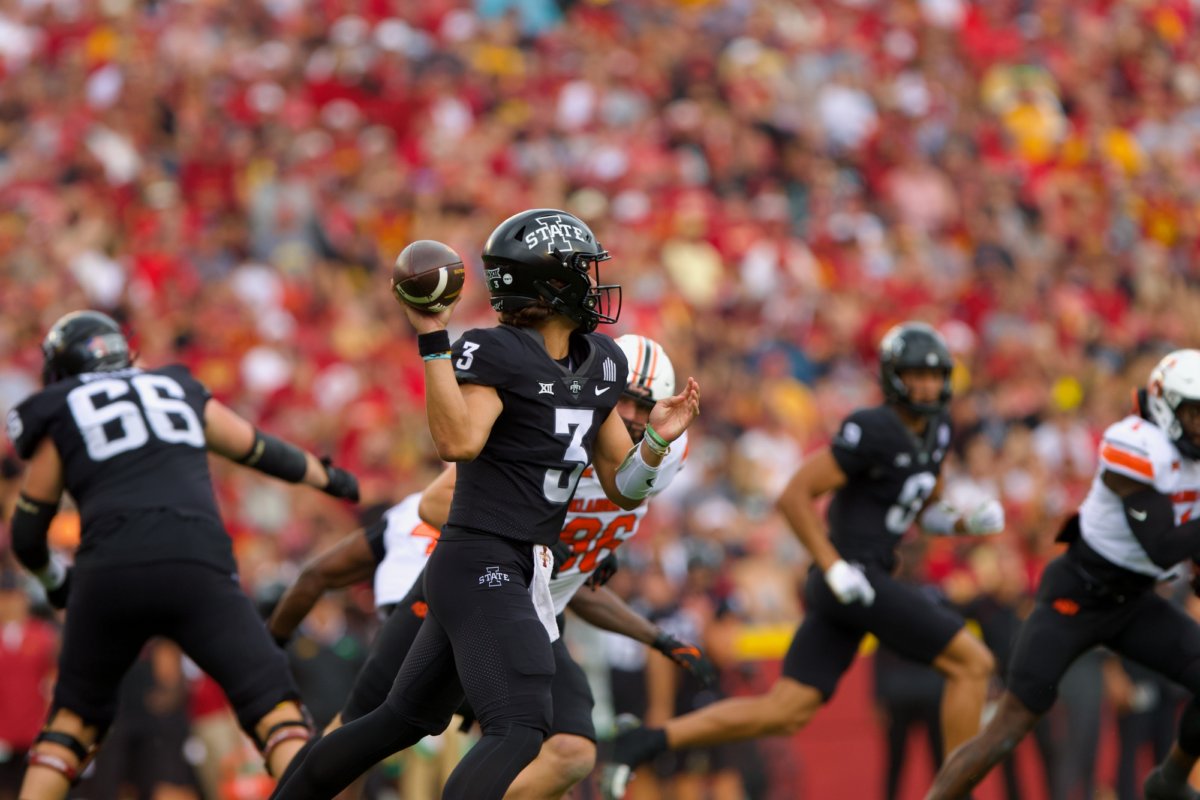 Iowa State quarterback, Rocco Becht, throwing a pass in the Iowa State vs. Oklahoma State football game on Sept, 23. 2023.
