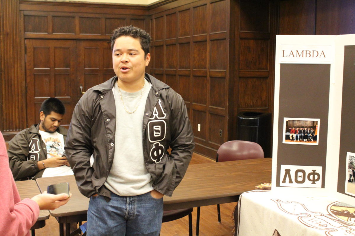 Osman Ortiz-Rivera talks about the strong bond of those in Lamba Theta Phi at Meet the Greeks on Sept. 6, 2023. 