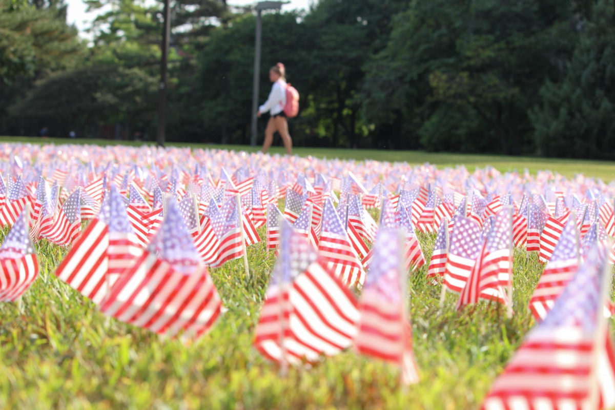 Hundreds of flags lined up outside of Parks Library in remembrance of those who lost their lives during 9/11 on Sept. 11, 2023. 