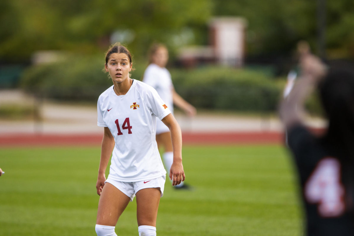 Lauren Hernandez watching a throw in during the Iowa State vs. Oklahoma State match, Cyclones Sports Complex, Sept. 14th, 2023.