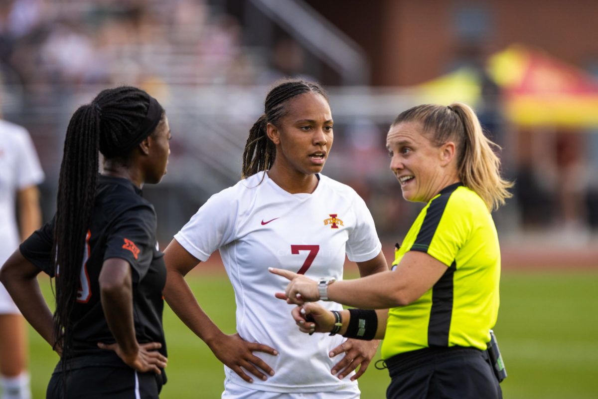 Salomé Prat talking to the referee after a call during the Iowa State vs. Oklahoma State match, Cyclone Sports Complex, Sept. 14, 2023.