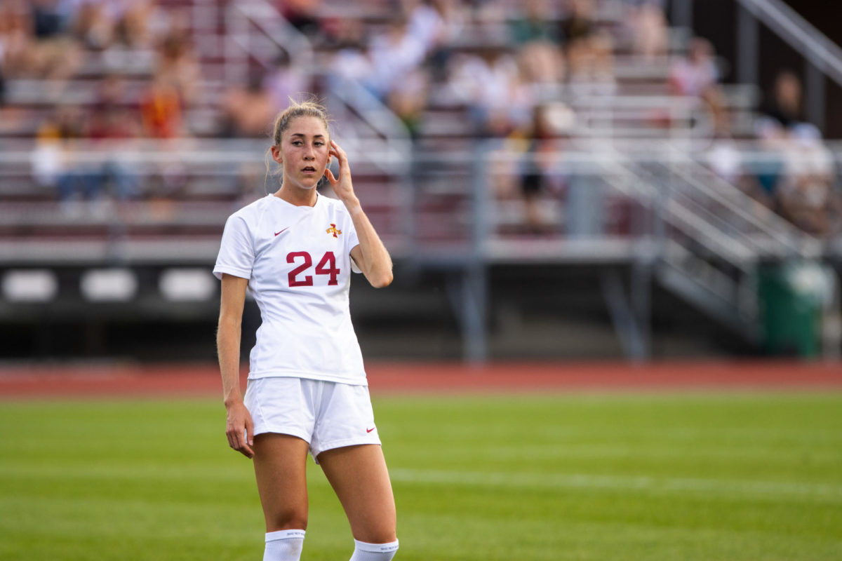 Abigail Miller waiting for the ball to be put into play during the Iowa State vs. Oklahoma State match, Cyclones Sports Complex, Sept. 14th, 2023.