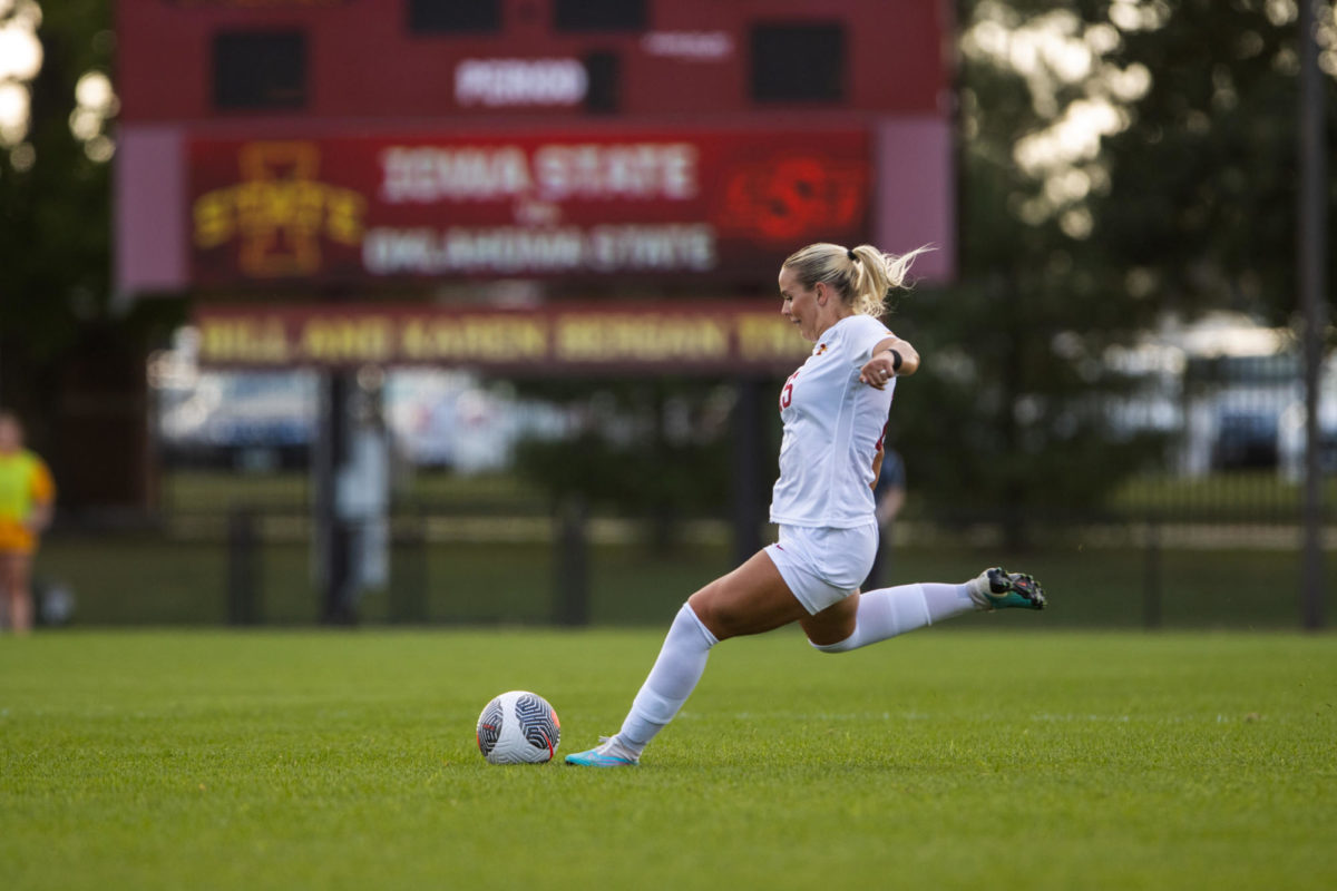 Hanna Reid during a free kick in the Iowa State vs. Oklahoma State match, Cyclones Sports Complex, Sept. 14th, 2023.