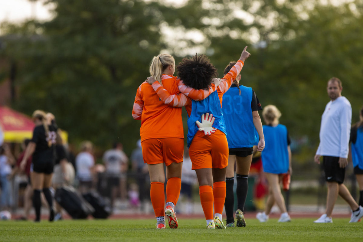 Two Oklahoma State players head back to the locker rooms after a successful half of the Iowa State vs. Oklahoma State match. OSUs record over ISU is 15-10-2. Cyclone Sports Complex, Sept. 14th, 2023.