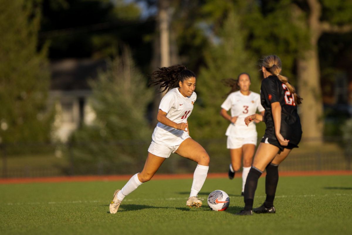 Leia Khairy running through the midfield during the Iowa State vs. Oklahoma State match, Cyclone Sports Complex, Sept. 14, 2023.