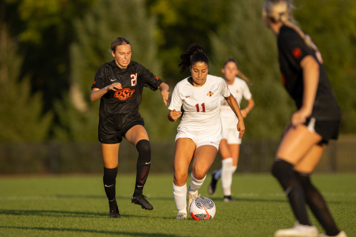 Leia Khairy running through the midfield defense during the Iowa State vs. Oklahoma State match, Cyclones Sports Complex, Sept. 14th, 2023.