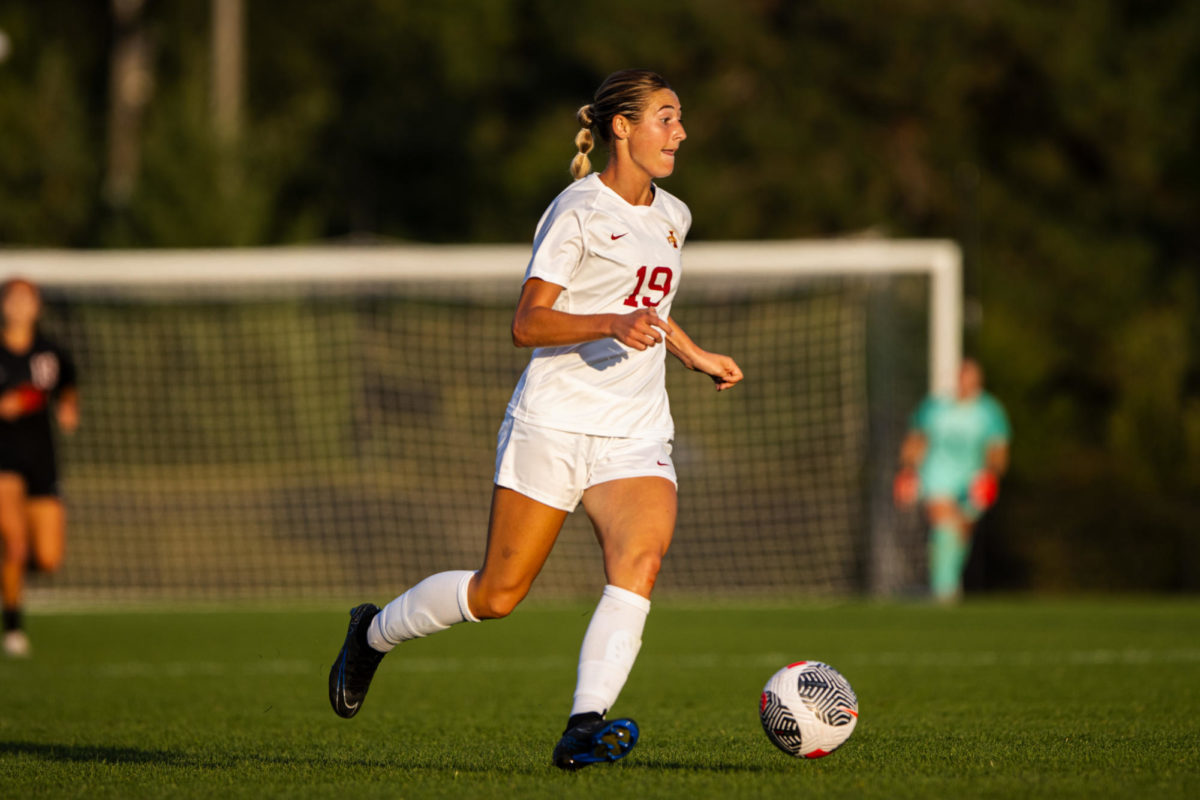 Alex Campana running toward the defense during the Iowa State vs. Oklahoma State match, Cyclone Sports Complex, Sept. 14, 2023.
