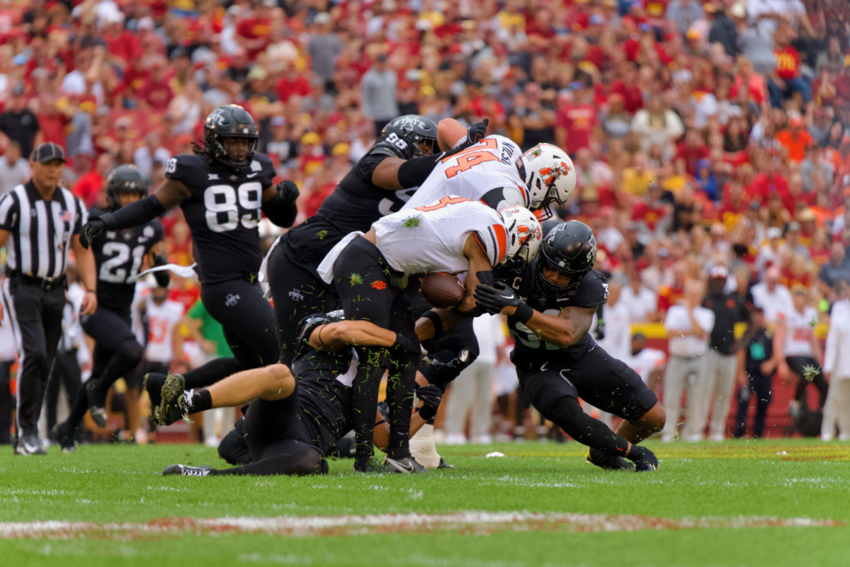 A near funble from Oklahoma State player Preston Wilson at the Iowa State vs. Oklahoma State football game on Sept. 23, 2023.