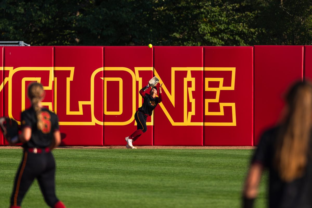 Milaysia Ochoa catching a deep ball to center field during the Drake vs. Iowa State softball match on Sept. 29, 2023.