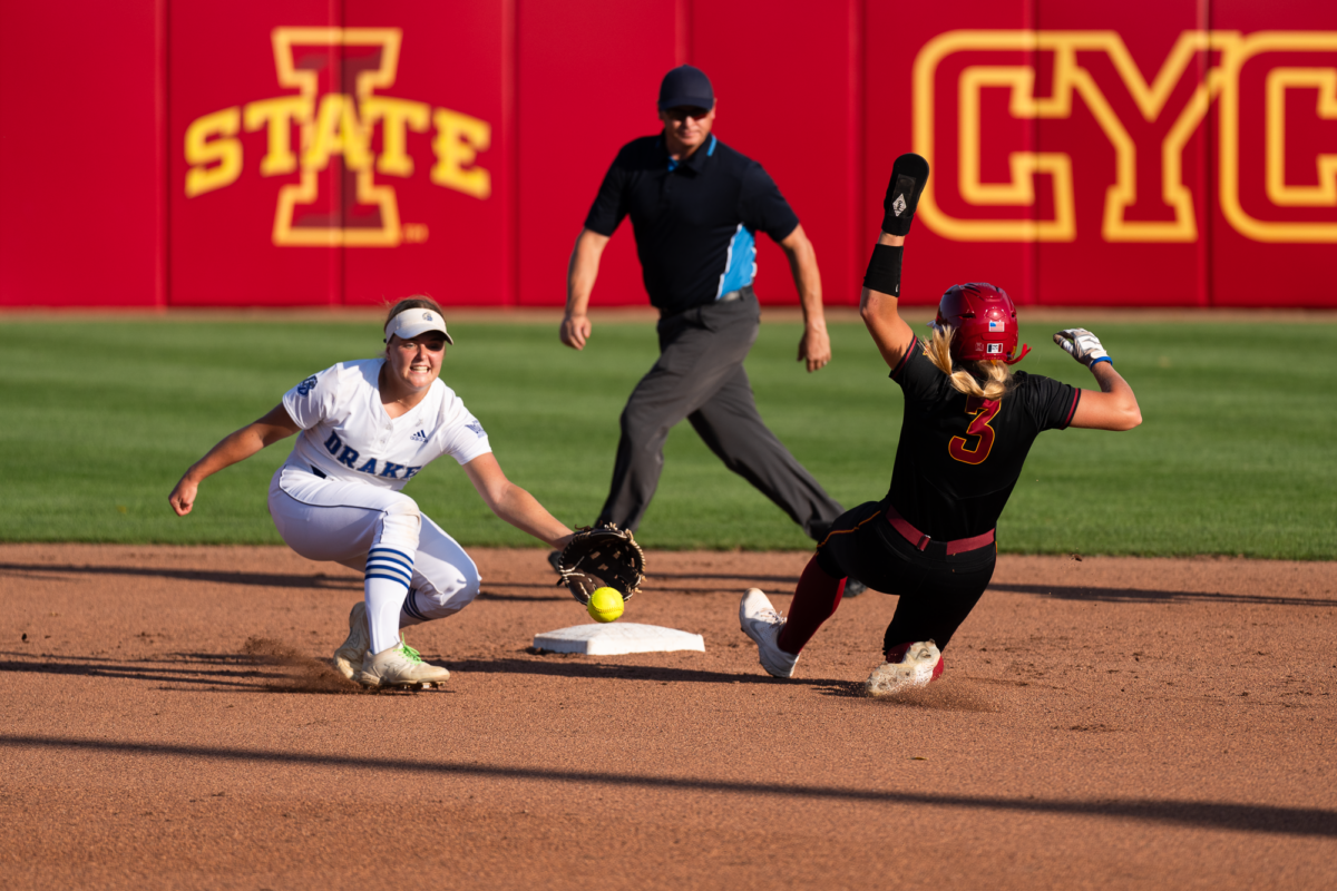 Iowa State player Ireland Buss safely stealing second during the Drake vs. Iowa State match on Sept. 29, 2023 at the Cyclone Sports Complex.