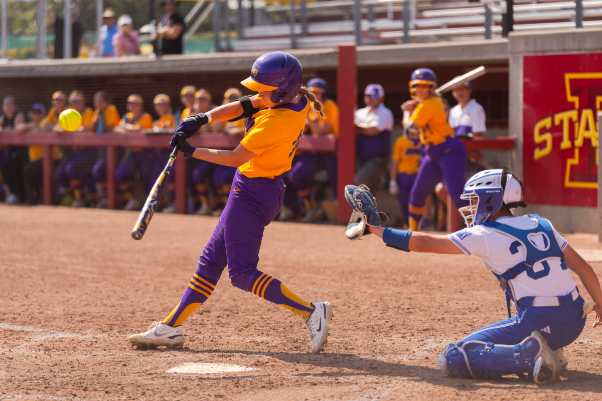 UNI batter Madison Parks swinging at a high pitch during the Drake vs. UNI match on Sept. 30, 2023.