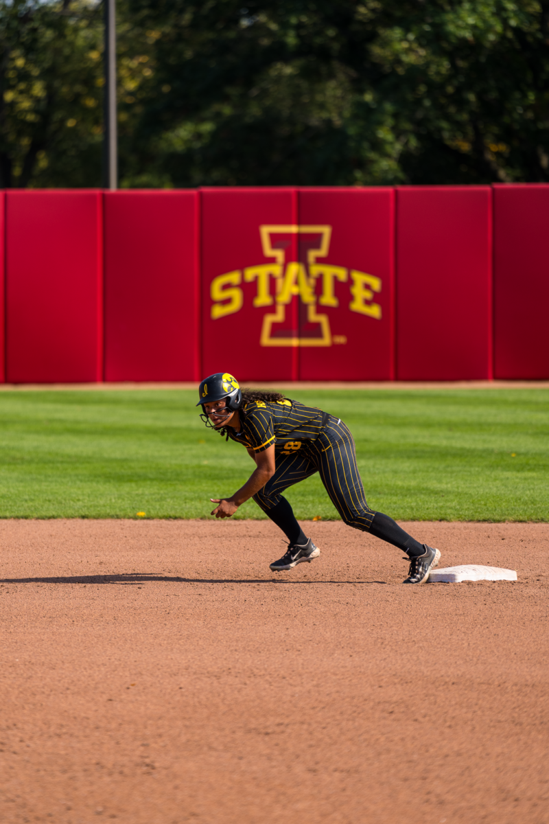 Avery Jackson of the Iowa Hawkeyes attempting to steal third base during the Iowa vs. Iowa State game on Sept. 30, 2023.