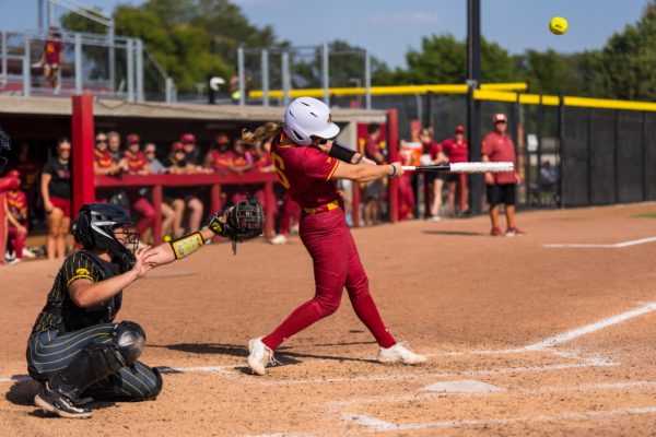 McKenna Andrews hits a deep ball to center during the Iowa vs. Iowa State match on Sept. 30, 2023.