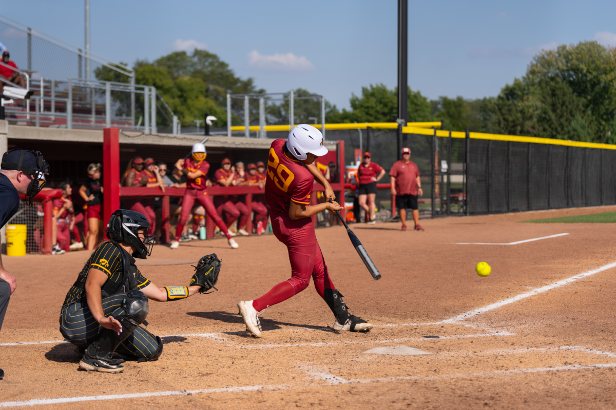 Tiana Poole hits a low drop ball against the Iowa Hawkeyes on Sept. 30, 2023 at the Cyclone Sports Complex.