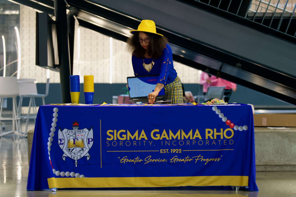 Sigma Gamma Rhos sorority table at the National Pan-Hellenic Council Meet the Greeks event on Sept. 14, 2023 in the Student Innovation Center.
