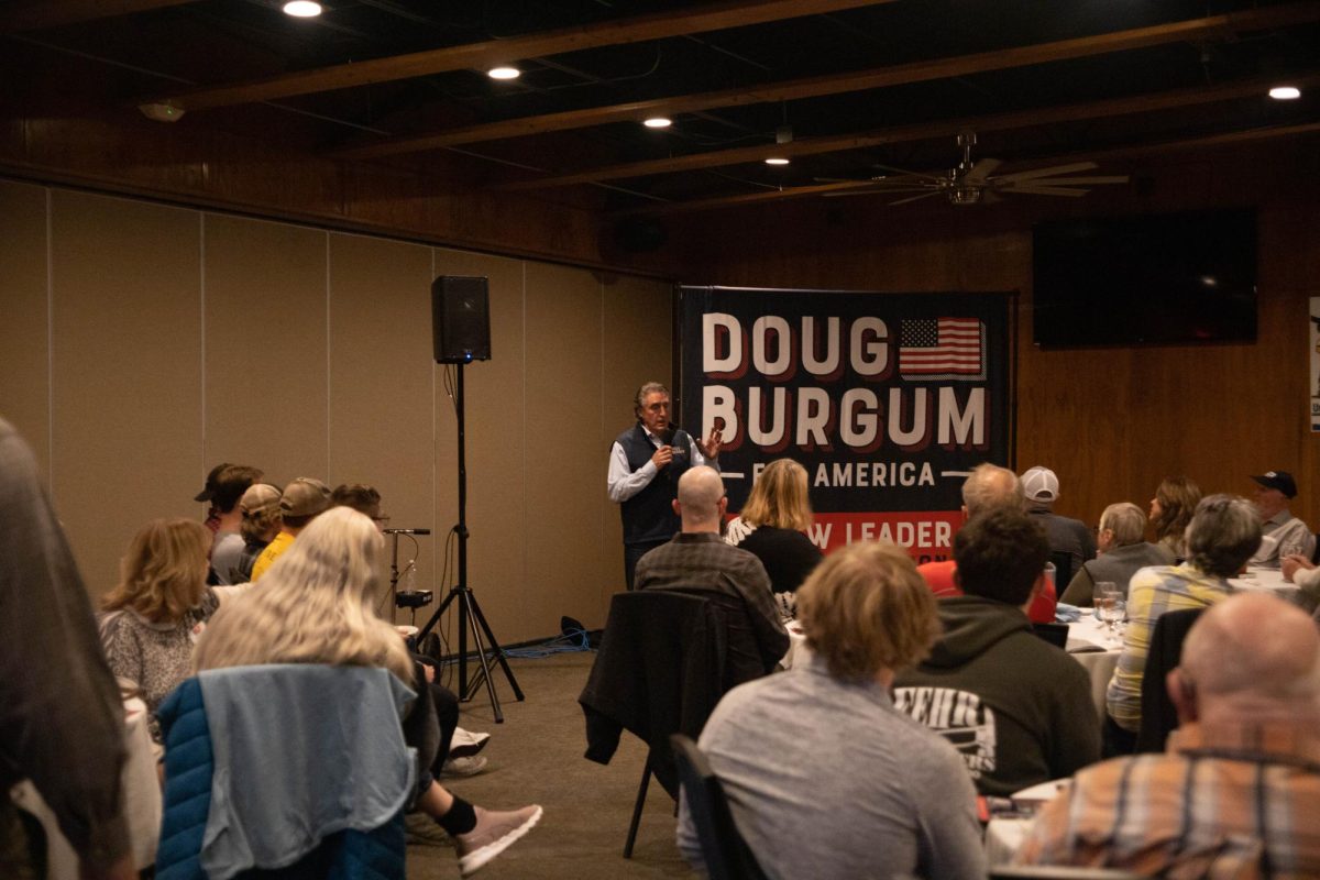 Doug Burgum speaking to crowd of voters on October 19, 2023 at a Campaign stop at Jethros BBQ in Ames, Iowa.