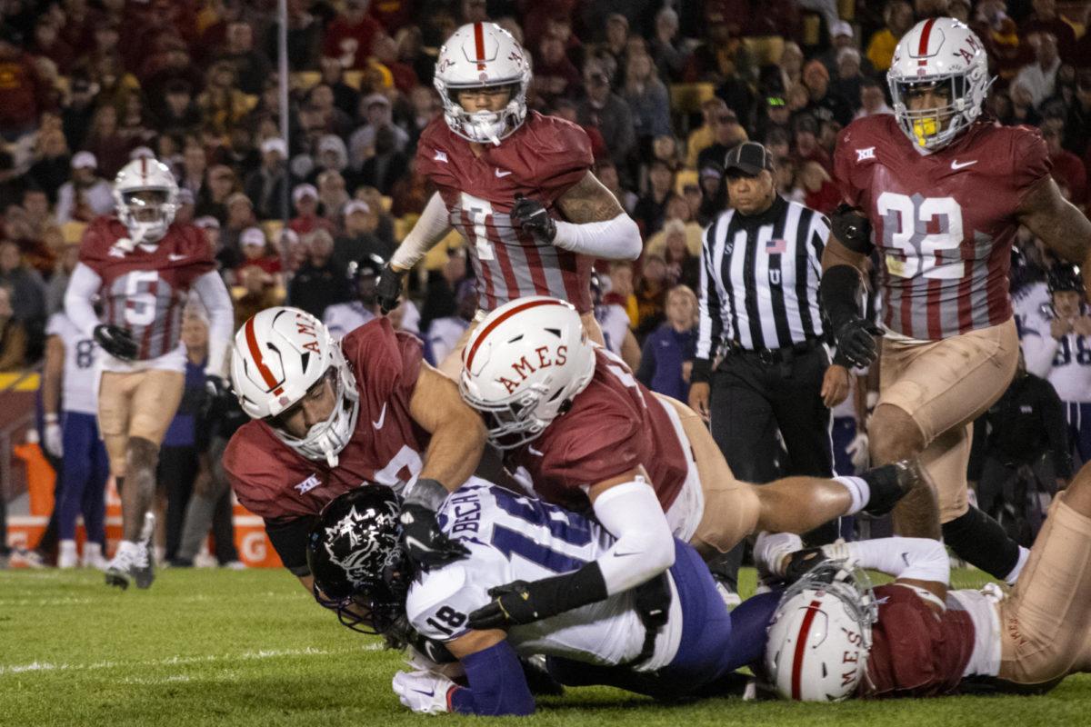 The Iowa State defense stops Texas Christian’s Jack Bech (18) during the second half of the Jack Trice Legacy football game on Oct. 7, 2023, at Jack Trice Stadium in Ames, Iowa.