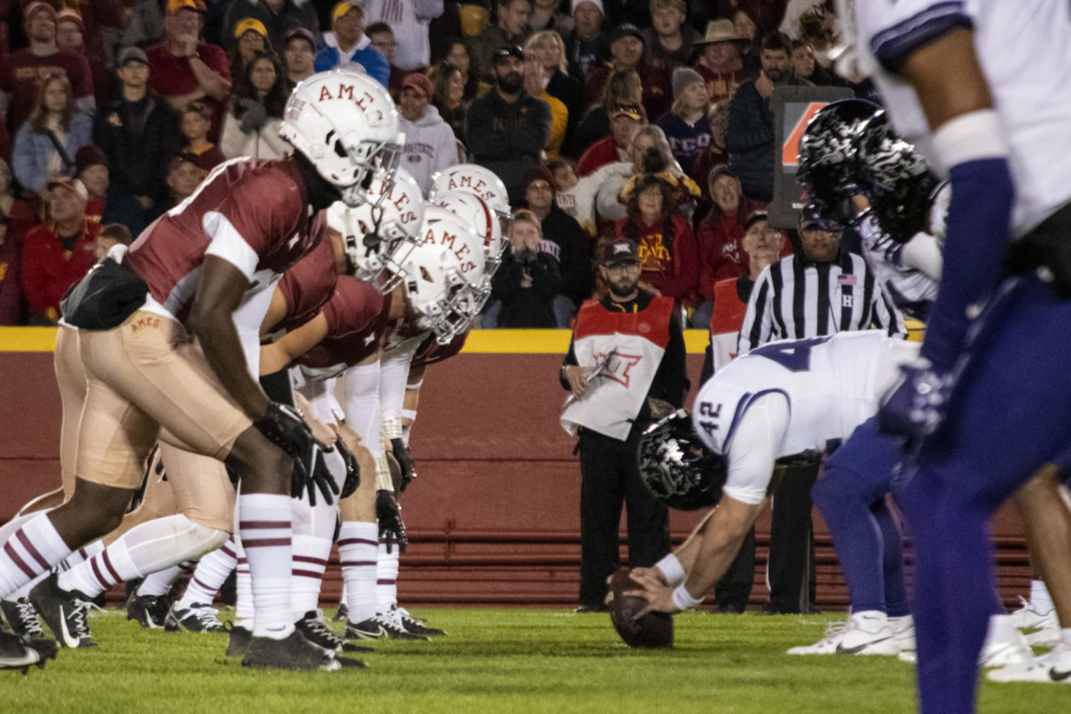 Iowa State players line up on the line of scrimmage as Texas Christian prepares to punt the ball during the second half of the Jack Trice Legacy football game on Saturday, Oct. 7, 2023, at Jack Trice Stadium in Ames, Iowa.