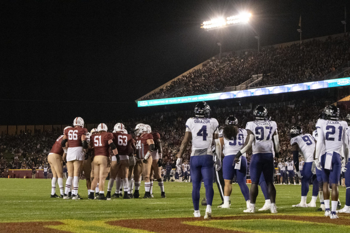 The Iowa State offense huddles on the field after a timeout, preparing to attempt a touchdown during the second half of the Jack Trice Legacy football game against Texas Christian on Oct. 7, 2023, at Jack Trice Stadium in Ames, Iowa.