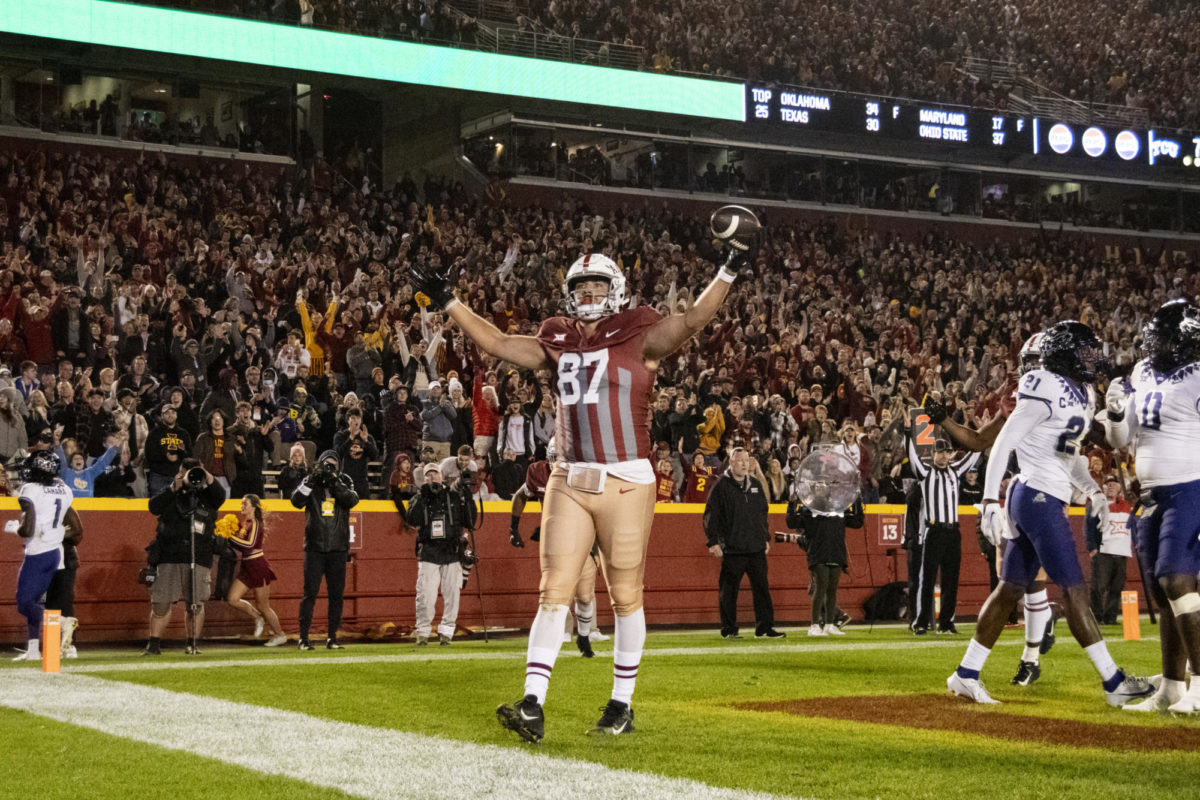 Iowa State’s Easton Dean celebrates after scoring a touchdown during the second half of the Jack Trice Legacy football game against Texas Christian University on Oct. 7, 2023, at Jack Trice Stadium in Ames, Iowa. The touchdown would improve the Cyclones’ lead to 24-7.