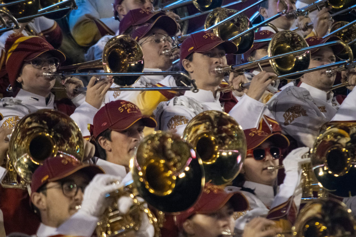 The Iowa State University Cyclone Football Varsity Marching Band performs as a media break pauses play during the second half of the Jack Trice Legacy football game against Texas Christian on Saturday, Oct. 7, 2023, at Jack Trice Stadium in Ames, Iowa.