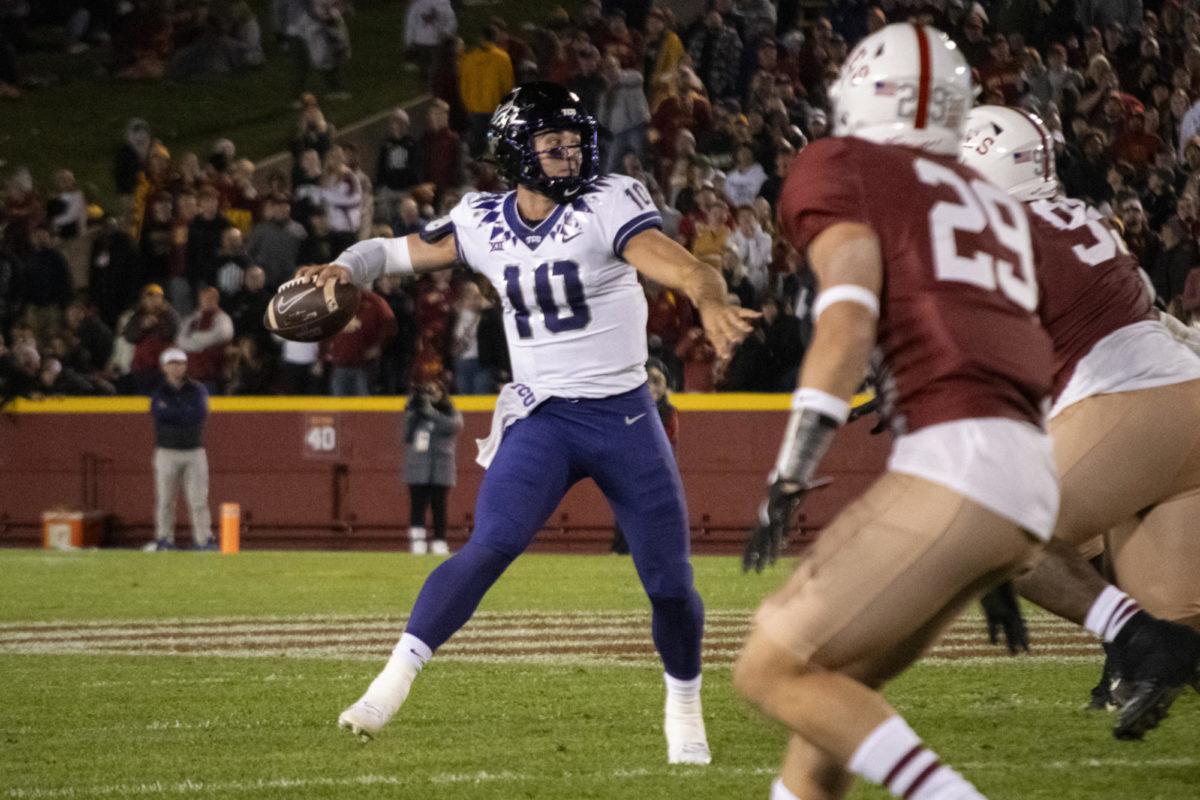 Texas Christian’s Josh Hoover (10) looks to throw the ball during the second half of the Jack Trice Legacy football game against Iowa State on Saturday, Oct. 7, 2023, at Jack Trice Stadium in Ames, Iowa. Hoover was brought in after starting quarterback Chandler Morris slowly walked off the field earlier in the half.