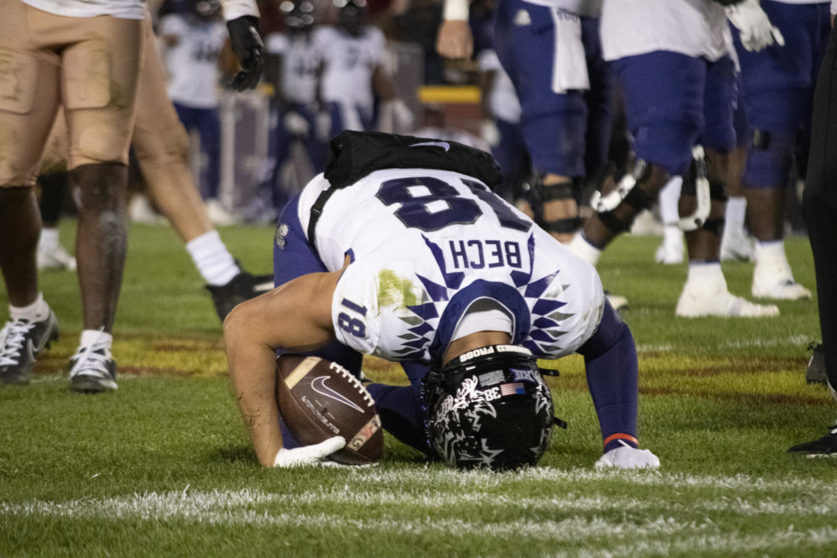 Texas Christian’s Jack Bech is slow to get up after a substantial hit during the second half of the Jack Trice Legacy football game against Iowa State on Saturday, Oct. 7, 2023, at Jack Trice Stadium in Ames, Iowa.