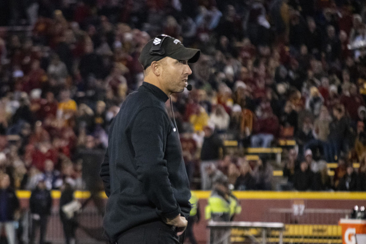 Iowa State’s Head Coach Matt Campbell watches the big screen during the second half of the Jack Trice Legacy football game against Texas Christian on Saturday, Oct. 7, 2023, at Jack Trice Stadium in Ames, Iowa.