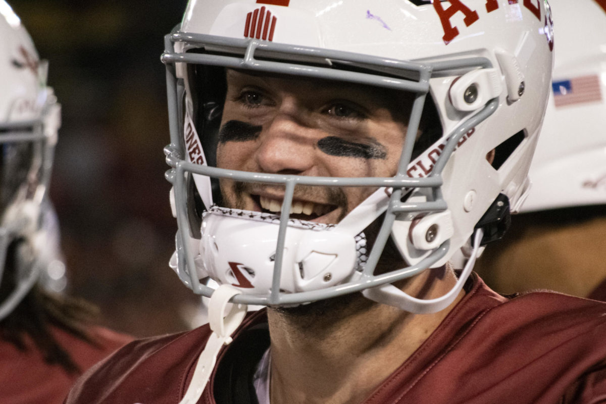 Iowa State’s Aidan Bitter comes off of the field, smiling, during the second half of the Jack Trice Legacy football game against Texas Christian on Saturday, Oct. 7, 2023, at Jack Trice Stadium in Ames, Iowa.