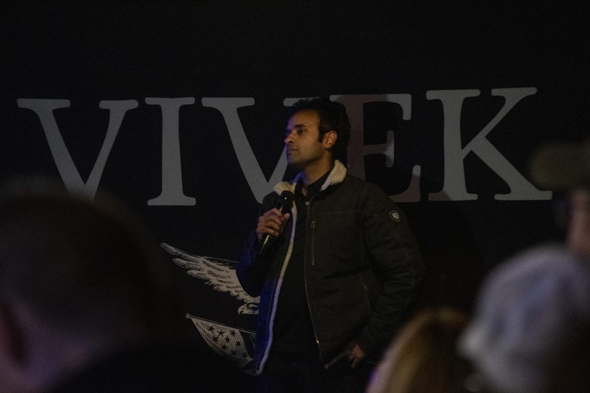 Republican presidential candidate Vivek Ramaswamy receives a question from the crowd during his “Free Speech & Free Drinks” event on Friday, Oct. 27, 2023, at the BNC FieldHouse - Bar & Grill in Ames, Iowa.