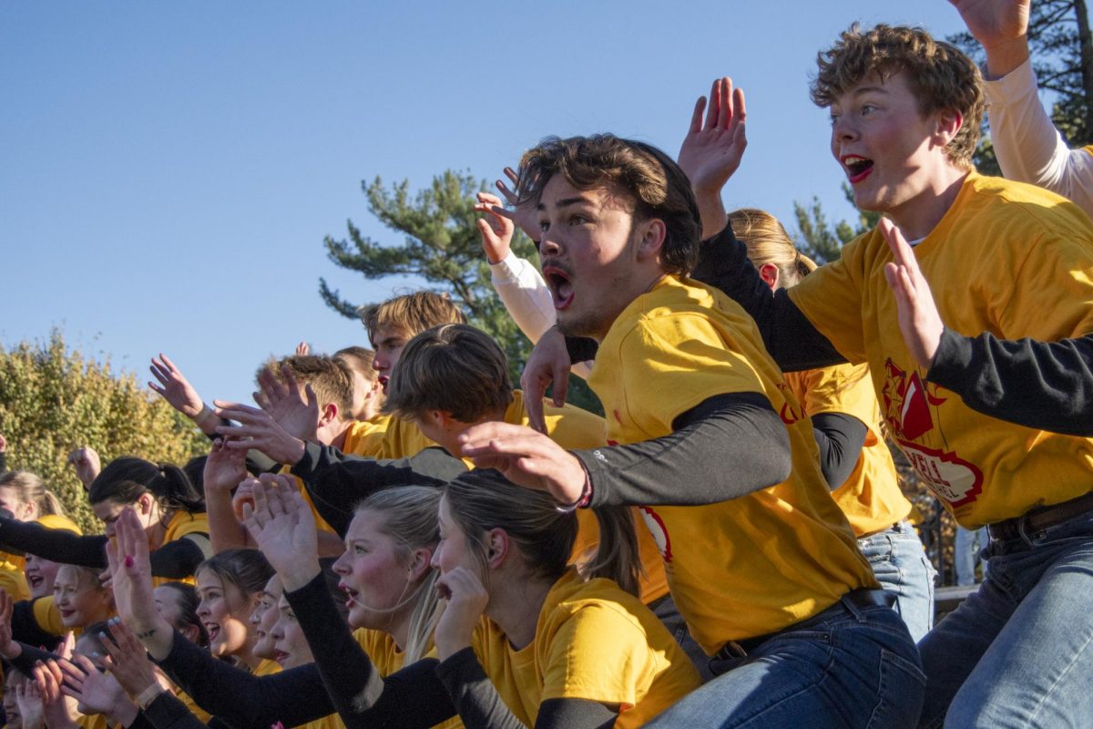 Members of the “Adventures of Sharkboy, Lavagirl, and CY” Yell Like Hell group perform during the Yell Like Hell First Cuts on Monday, Oct. 30, 2023, at Iowa State University in Ames, Iowa.