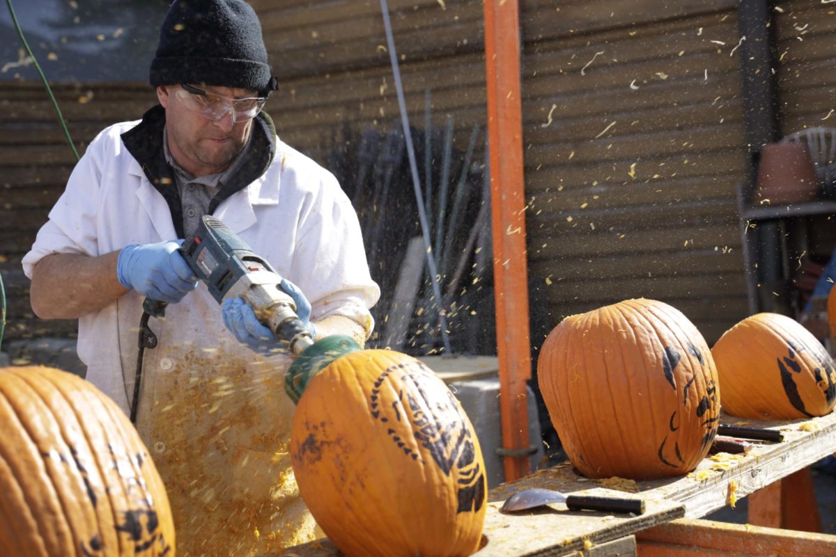 Nathan Brockman uses a power tool to gut a pumpkin for the Spirits in the Gardens event taking place at Reiman Gardens Oct. 13-15, 2023. 