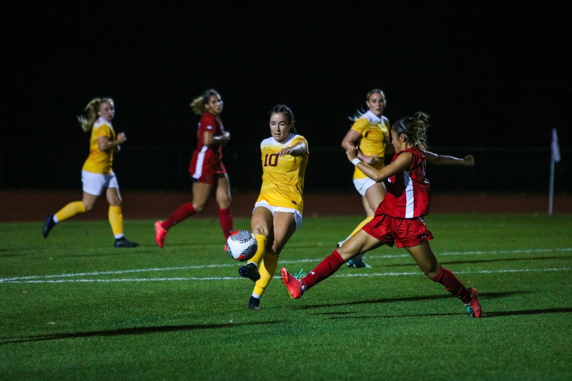 Sophia Thomas kicking the ball up the field during the Iowa State vs. Texas Tech match, Cyclone Sports Complex, Oct. 23, 2023.