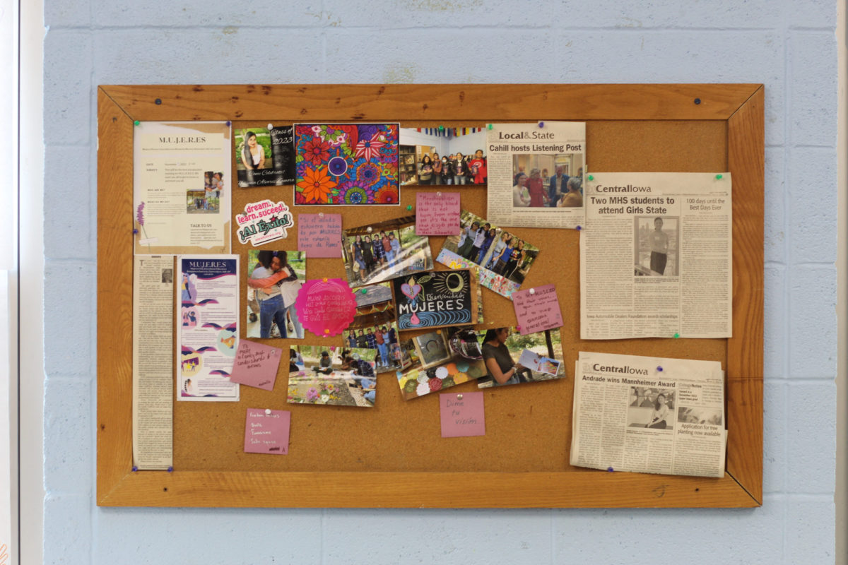 A bulletin board in Kristin Stuchis’ class at Marshalltown High School, which highlights the achievements of the MUJERES group. 

