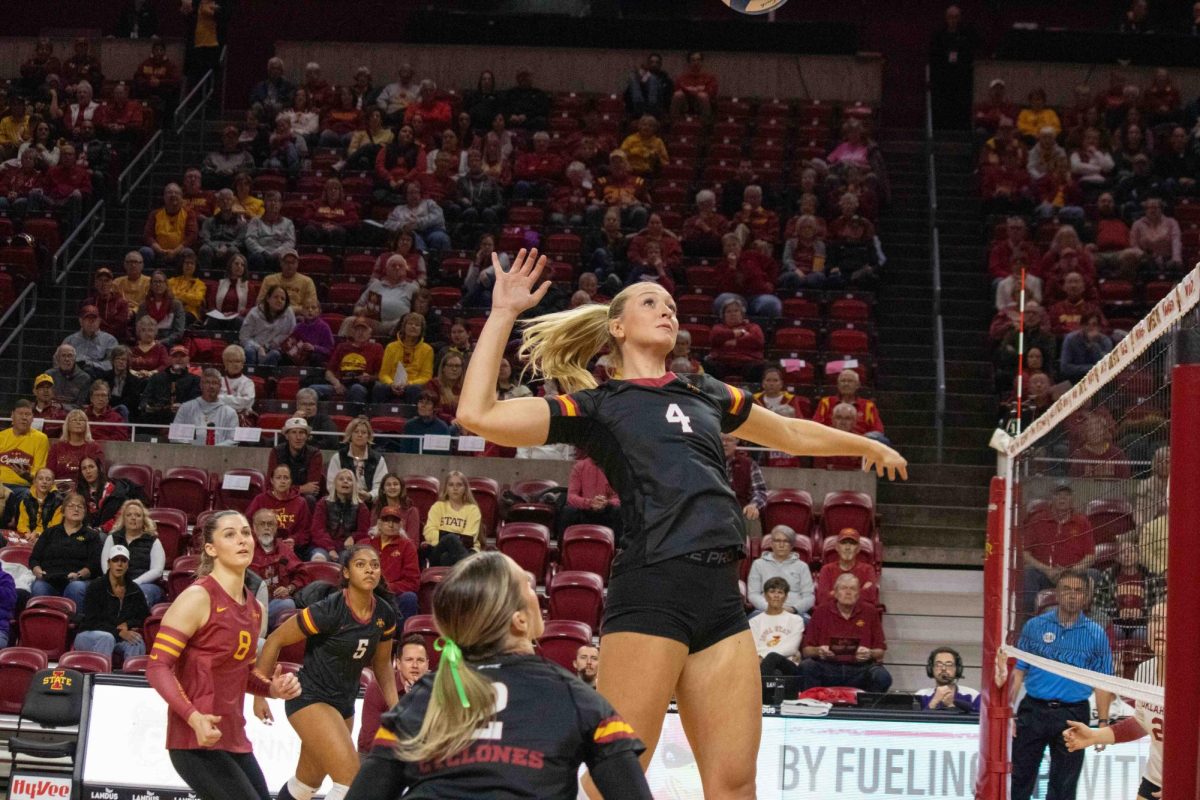 Jordan Hopp looks to hit the volleyball at the Iowa State vs. Oklahoma game