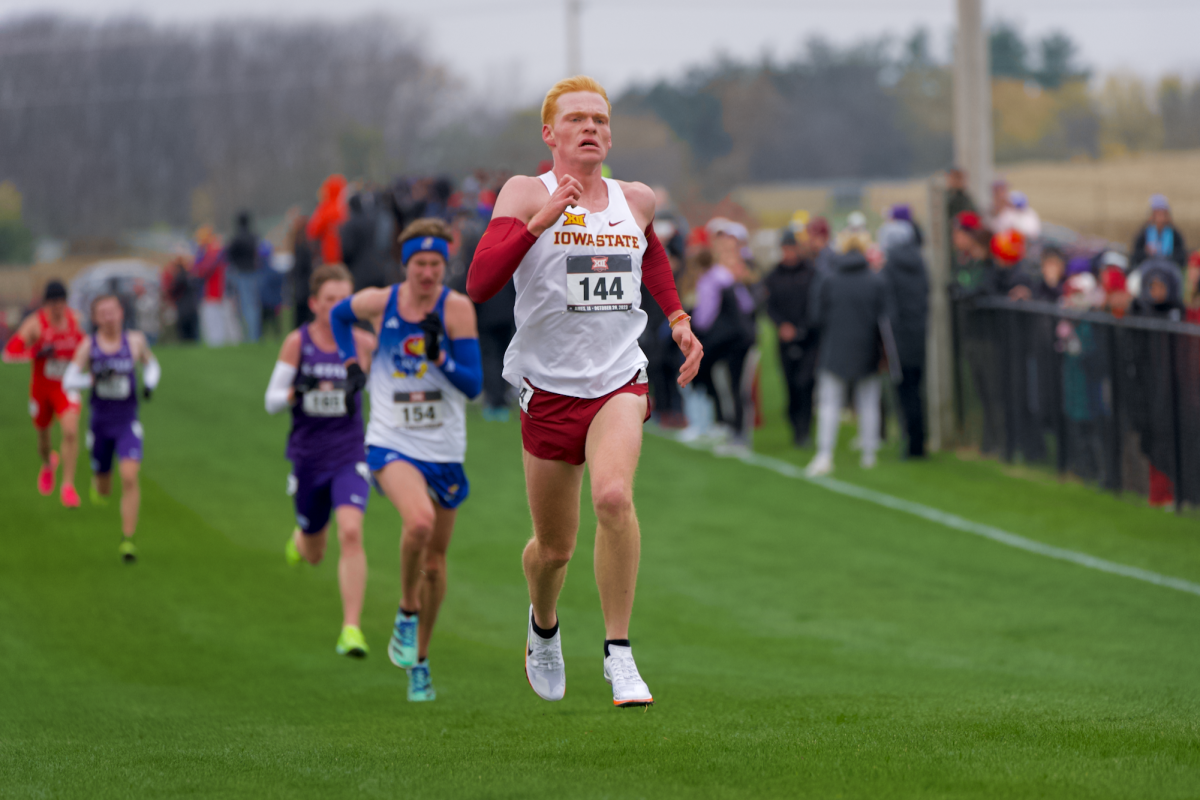 Quinton Orr running for Iowa State sprints towards the finish line during the Big 12 Men’s Cross Country Championship at the Iowa State cross country track on Oct. 28, 2023.